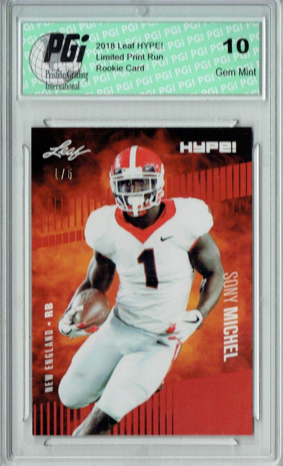 Sony Michel 2018 Leaf HYPE! #7A Jersey #1/5 Rookie Card PGI 10 - Leaf Football Cards