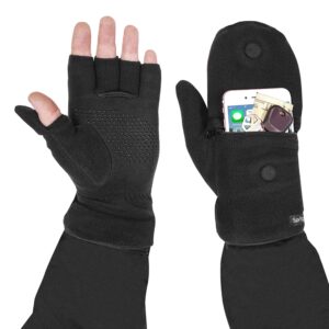 Multi Mitt Fingerless Gloves With Adjustable Top & Cell Phone Pocket (Jet Black)