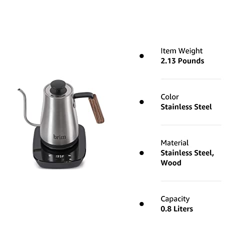 Brim 0.8L Gooseneck Kettle w Wood Handle, Easy Brewing Pour Over Coffee, Tea or Hot Beverages, 6 Variable Temperature Presets, Capacitive Smart Touch Interface, Cordless Power Base, Stainless Steel