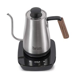 brim 0.8l gooseneck kettle w wood handle, easy brewing pour over coffee, tea or hot beverages, 6 variable temperature presets, capacitive smart touch interface, cordless power base, stainless steel