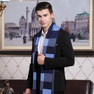 KODOD Plaid Striped Wool Scarf for Men - Winter Soft Thick Cashmere Knit Scarves (A Wool Blend Scarf Navy&Blue Plaid)