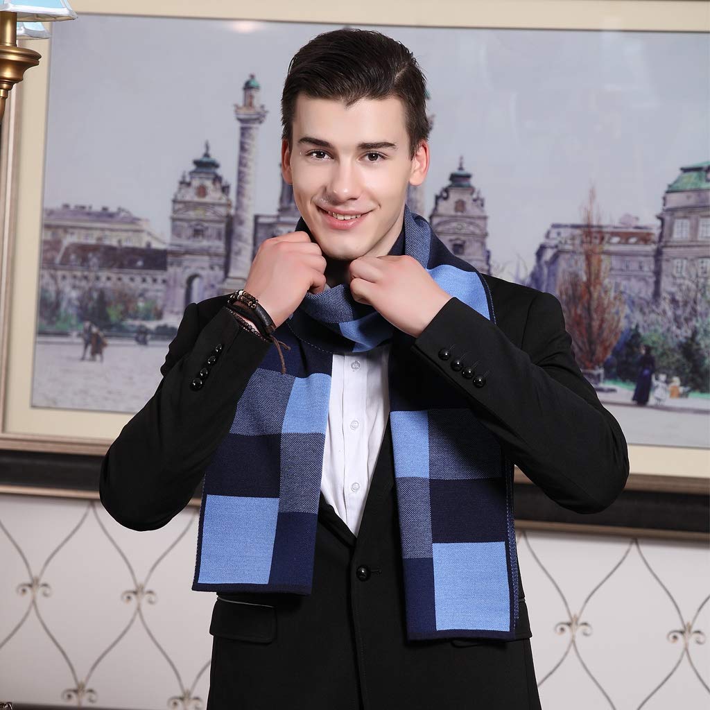 KODOD Plaid Striped Wool Scarf for Men - Winter Soft Thick Cashmere Knit Scarves (A Wool Blend Scarf Navy&Blue Plaid)