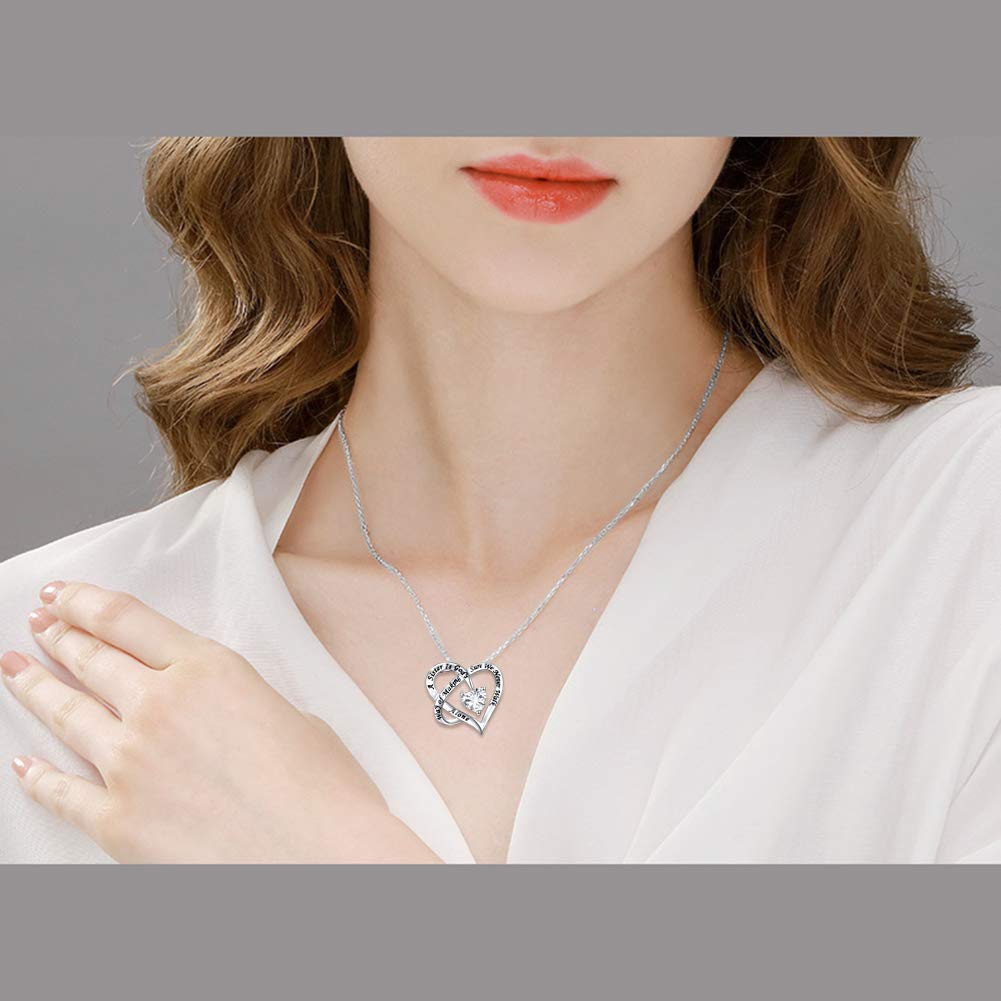 FLYOW A Sister is God's Way of Making Sure We Never Walk Alone Engraved Heart Pendant Necklace 925 Sterling Silver Friendship Jewelry for Women Sisters Siblings,18 inch