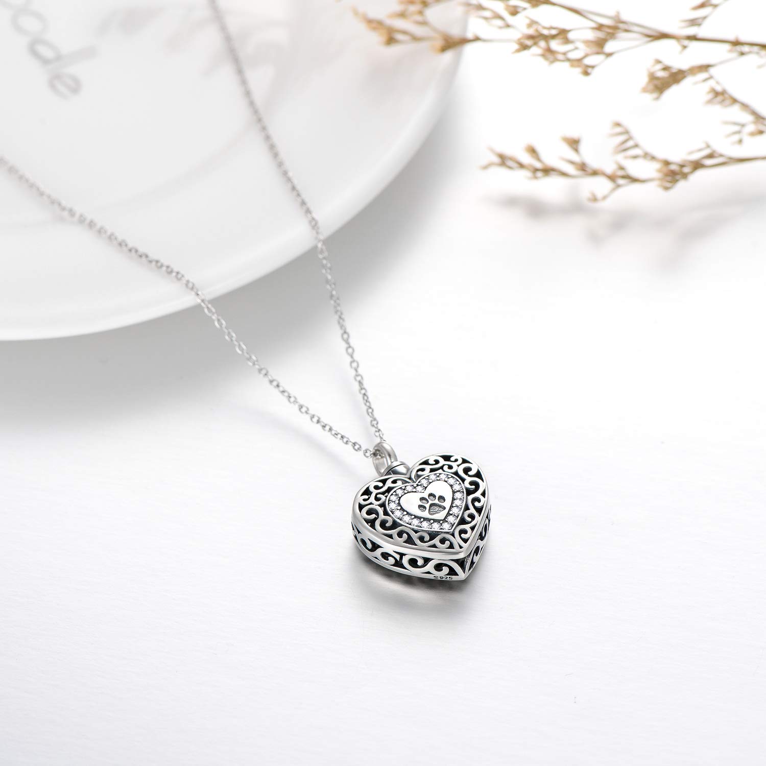 PEIMKO 925 Sterling Silver Filigree Dog Paw Print Pet Urn Necklace for Ashes Cremation Jewelry Forever in My Heart Keepsakes Memorial Necklaces Meaningful Gifts