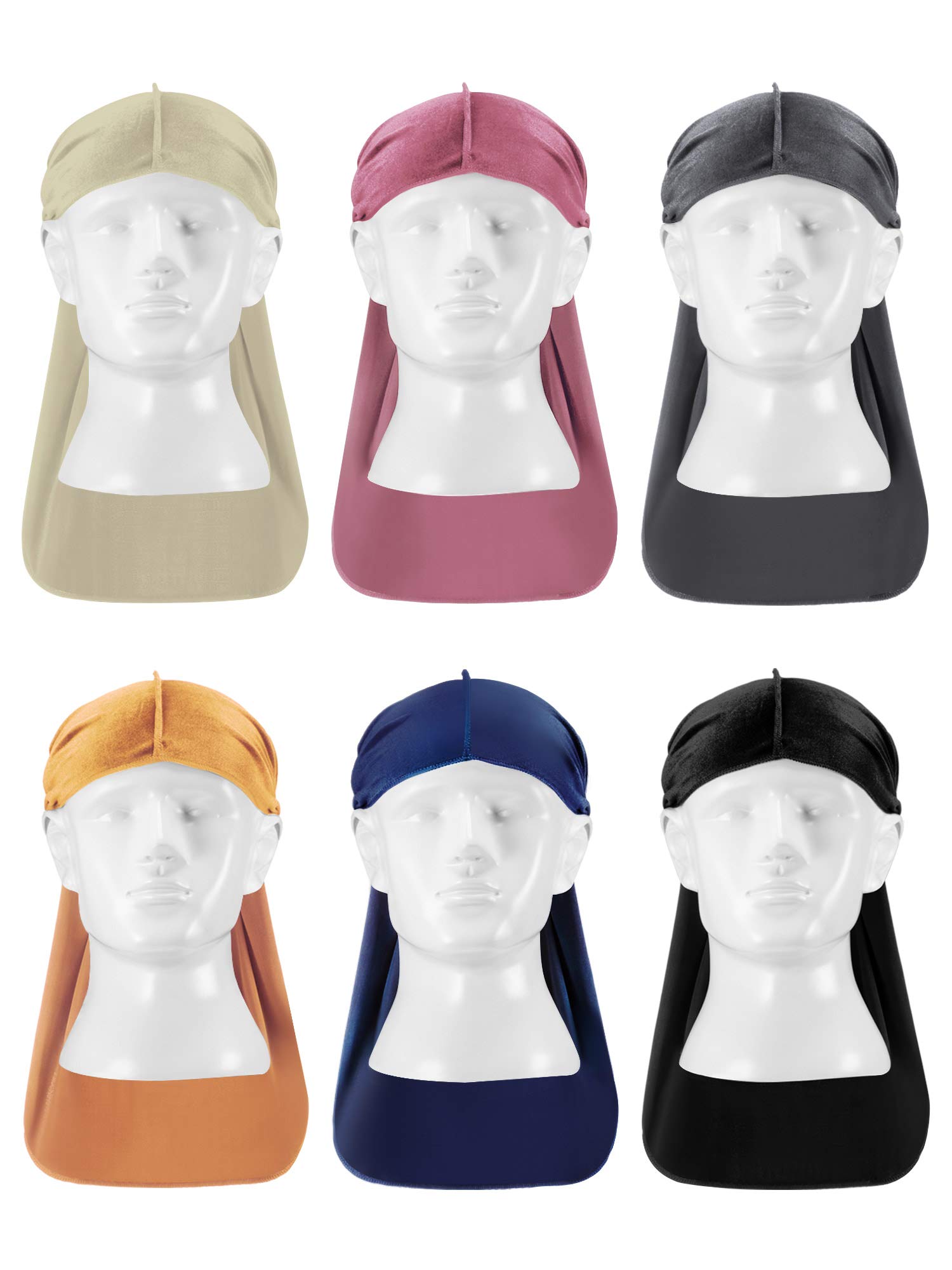 Tatuo 6 Pcs Velvet Durags for Men with Long Tail Stretchable Luxury Suede Durags(Grey, Dark Blue, Black, Gold, Beige, Light Pink)