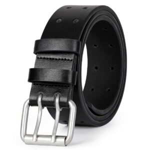 vonmelli double prong leather belt heavy duty belt for men, double grommet holes belt for pants a-black