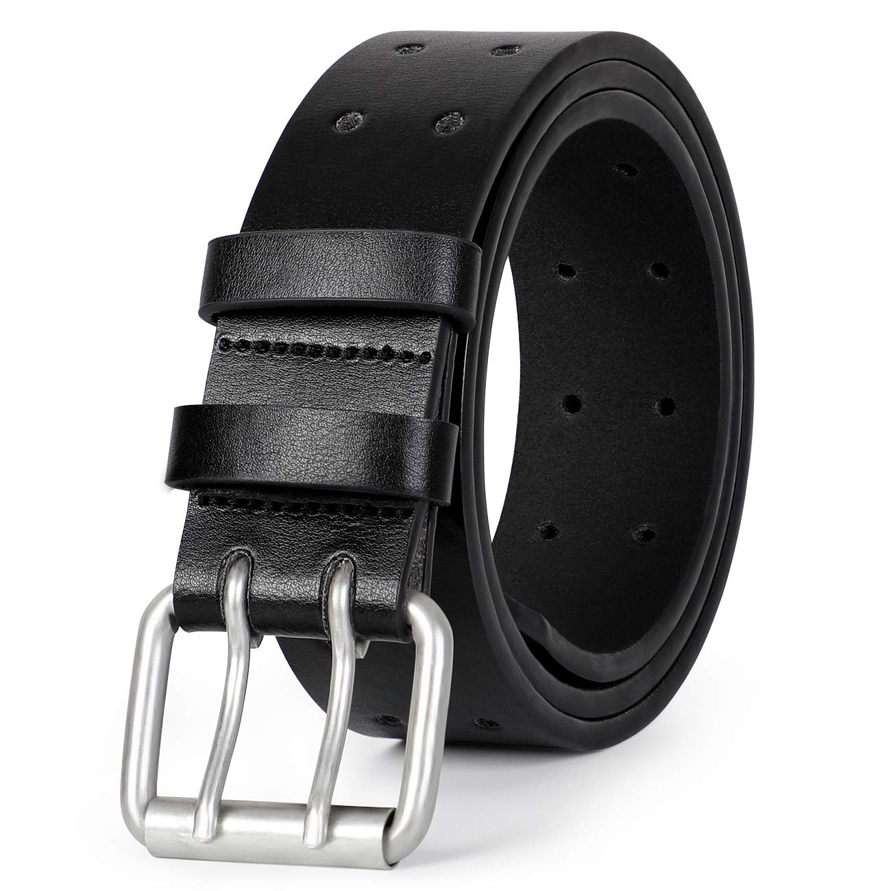 VONMELLI Double Prong Leather Belt Heavy Duty Belt for Men, Double Grommet Holes Belt for Pants A-black