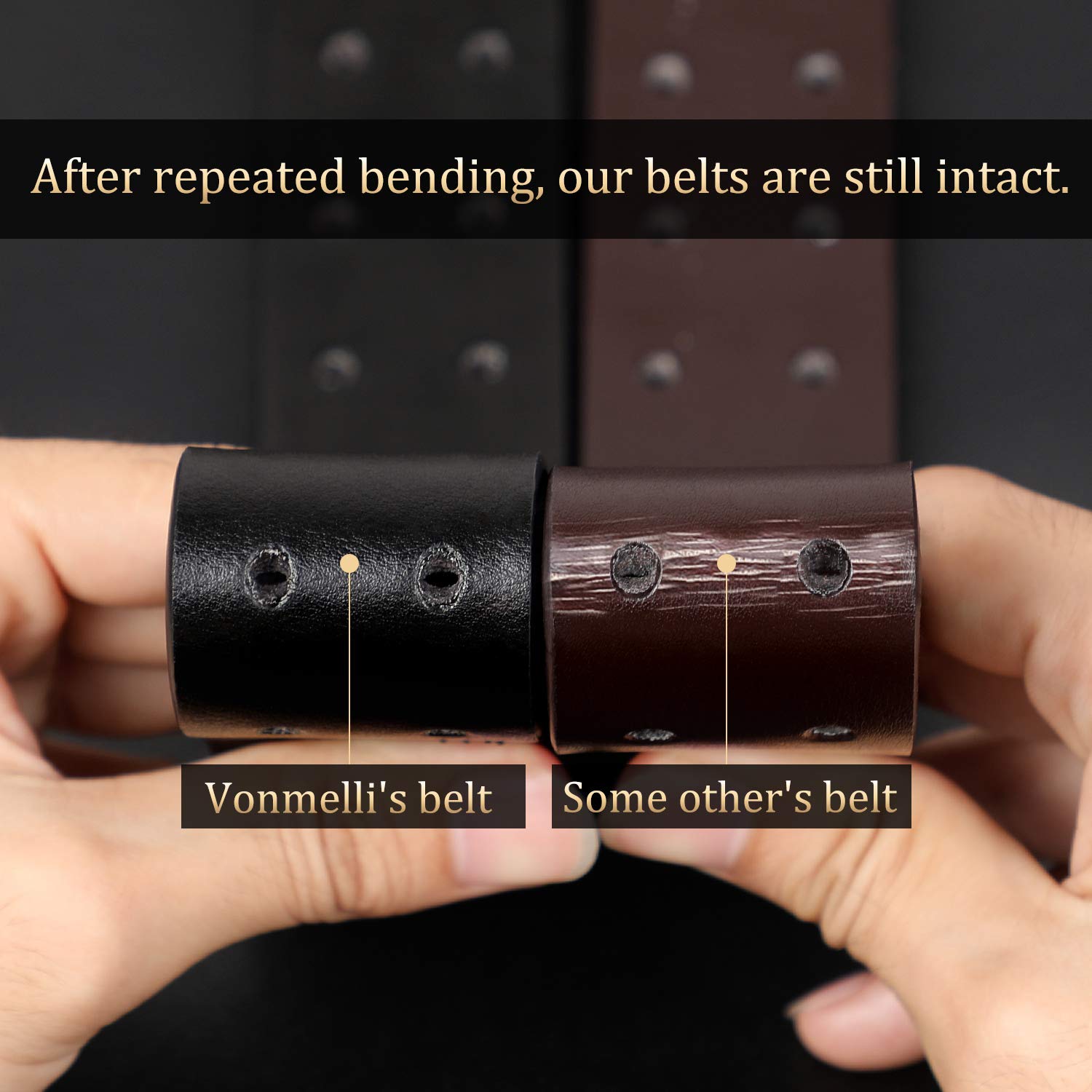 VONMELLI Double Prong Leather Belt Heavy Duty Belt for Men, Double Grommet Holes Belt for Pants A-black