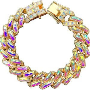 Apzzic 15mm Colorful Iced Out High Polished Gold Plated Hip Hop Miami Diamond Cuban Link Chain Bracelet for Men Women Gold 8Inch