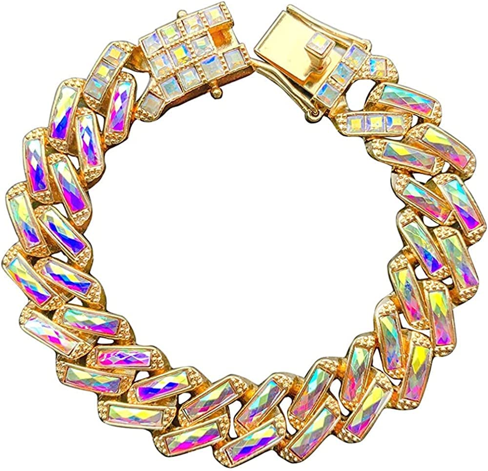 Apzzic 15mm Colorful Iced Out High Polished Gold Plated Hip Hop Miami Diamond Cuban Link Chain Bracelet for Men Women Gold 8Inch