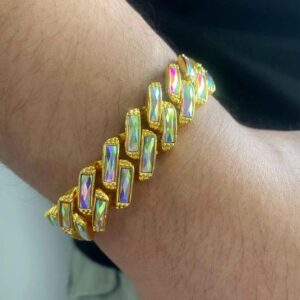 Apzzic 15mm Colorful Iced Out High Polished Gold Plated Hip Hop Miami Diamond Cuban Link Chain Bracelet for Men Women Gold 8Inch