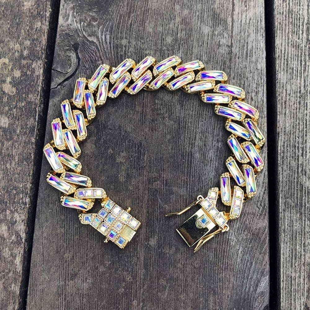 Apzzic 15mm Colorful Iced Out High Polished Gold Plated Hip Hop Miami Diamond Cuban Link Chain Bracelet for Men Women Gold 8Inch