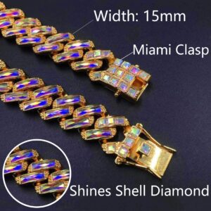 Apzzic 15mm Colorful Iced Out High Polished Gold Plated Hip Hop Miami Diamond Cuban Link Chain Bracelet for Men Women Gold 8Inch