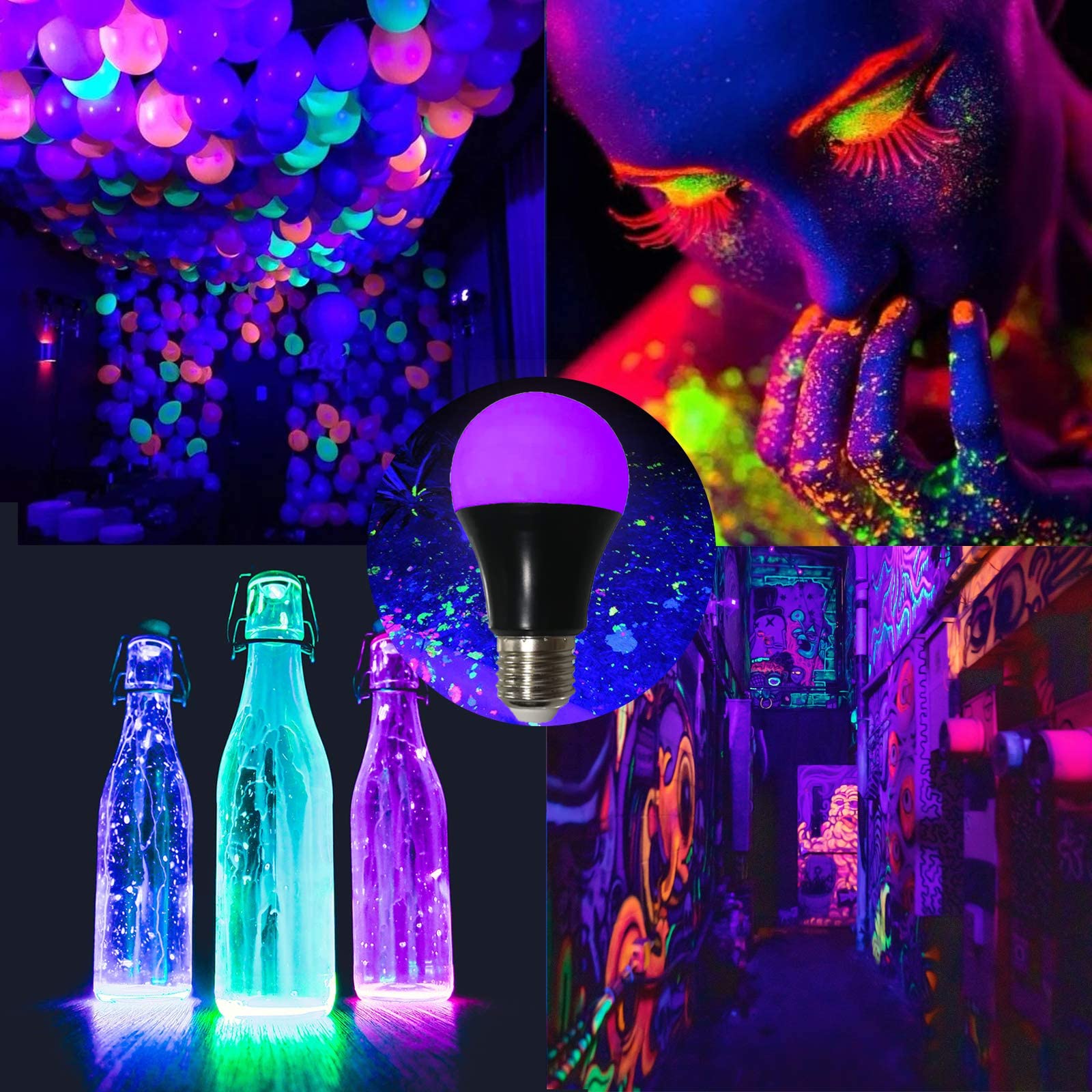 CICINY UV LED Black Light Bulbs 2 Pack, A19 E26 8W Blacklight Bulb for Glow in The Dark, UVA Level 385-400nm, Blacklight light bulbs for Parties Body Paint Fluorescent Poster Pet Stains