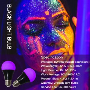 CICINY UV LED Black Light Bulbs 2 Pack, A19 E26 8W Blacklight Bulb for Glow in The Dark, UVA Level 385-400nm, Blacklight light bulbs for Parties Body Paint Fluorescent Poster Pet Stains