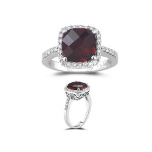 vogati diamond & gemstones cushion checkered ring aaa/aa quality in 14k white gold (garnet, 7)