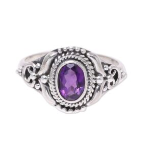 NOVICA Artisan Handmade Amethyst Cocktail Ring Traditional from India Sterling Silver Red Single Stone Marsala Birthstone [ring Front 0.5 in L x 0.4 in W x 0.2 in H Band Width 3 mm W] ' Traditional