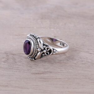 NOVICA Artisan Handmade Amethyst Cocktail Ring Traditional from India Sterling Silver Red Single Stone Marsala Birthstone [ring Front 0.5 in L x 0.4 in W x 0.2 in H Band Width 3 mm W] ' Traditional