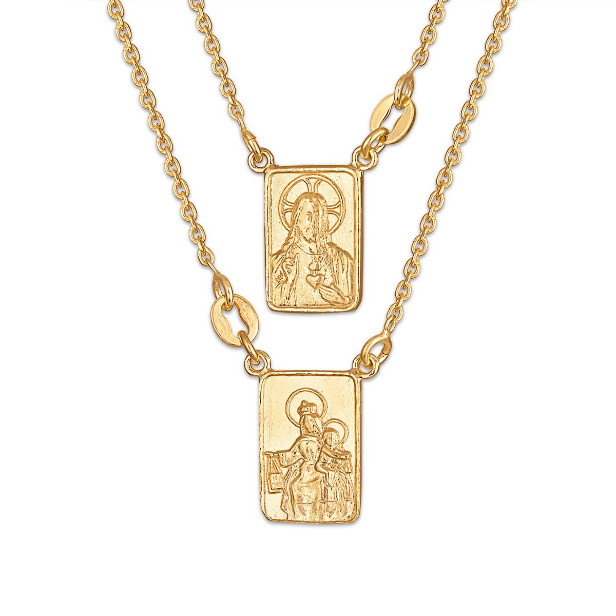 FRONAY 14k Gold Plated Silver Escapulario Necklace, Double Sided Scapular Pendant, Religious Fine Jewelry