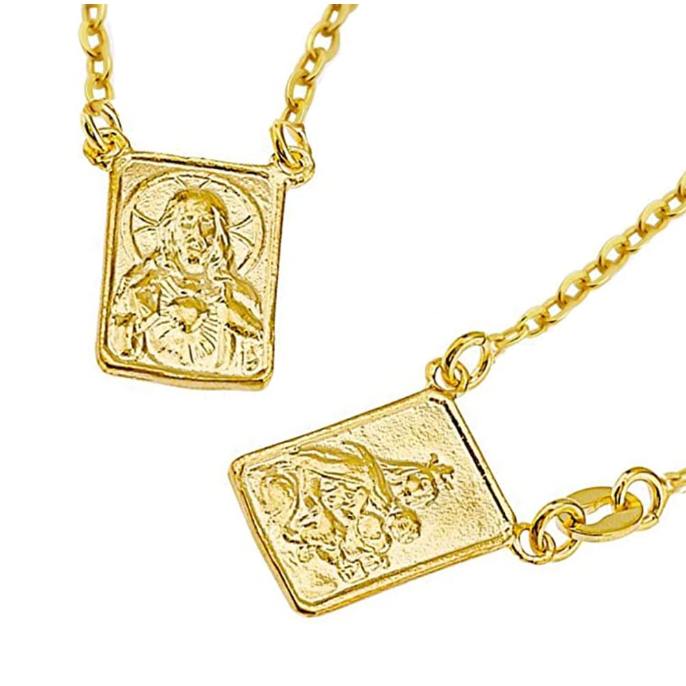 FRONAY 14k Gold Plated Silver Escapulario Necklace, Double Sided Scapular Pendant, Religious Fine Jewelry