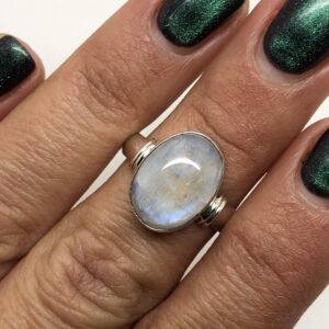 Koral Jewelry Moonstone Oval Stone Ring 925 Sterling Silver Vintage Boho Chic US Size 7 8 9 (10)