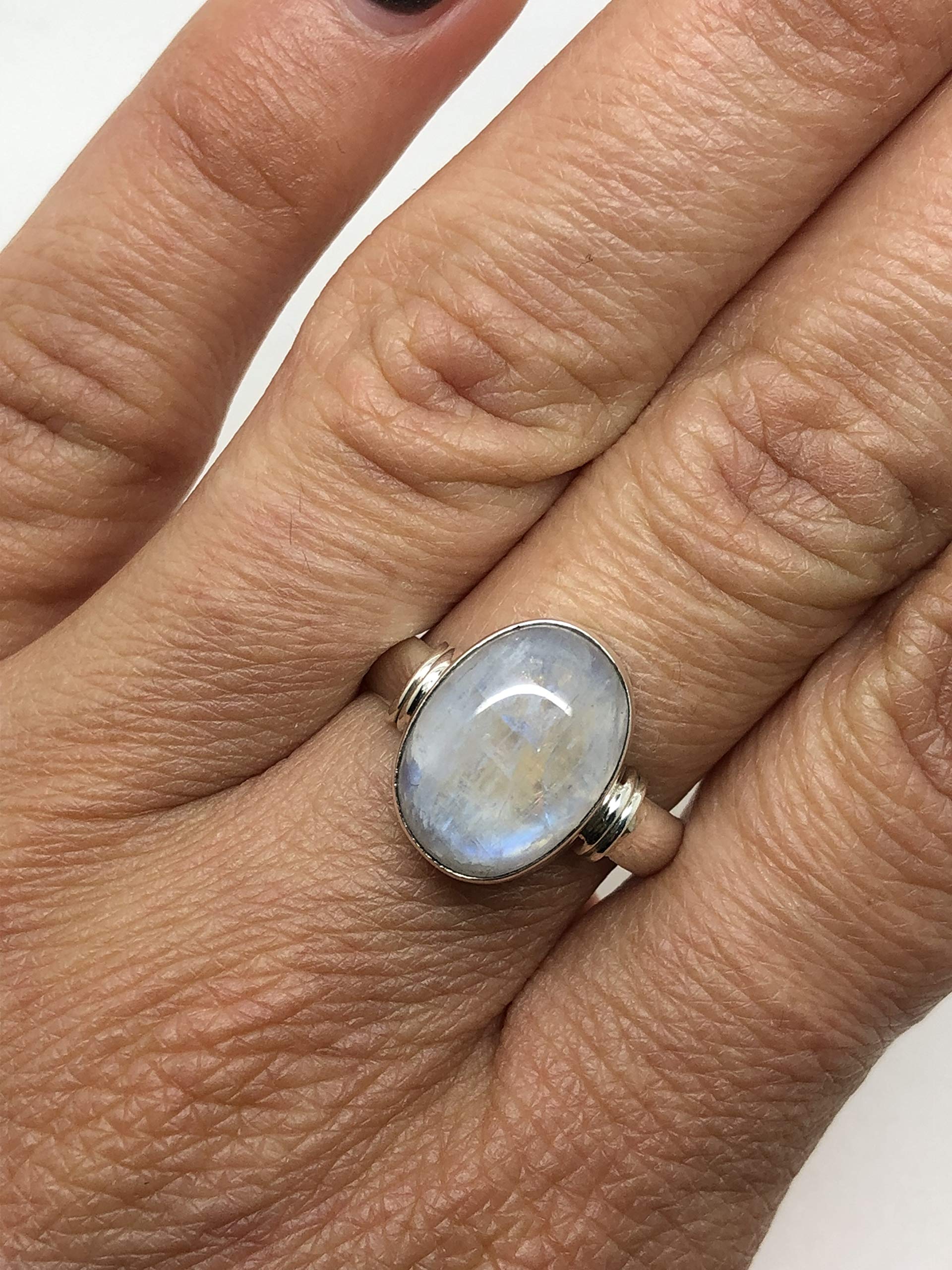 Koral Jewelry Moonstone Oval Stone Ring 925 Sterling Silver Vintage Boho Chic US Size 7 8 9 (10)