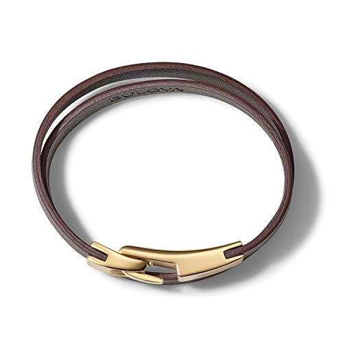 Bulova Brown Leather Large Double-Wrap Bracelet with Brushed Gold-Tone Stainless Steel Hook Clasp (Model J96B003L), Brown with Gold-Tone (J97B003L)