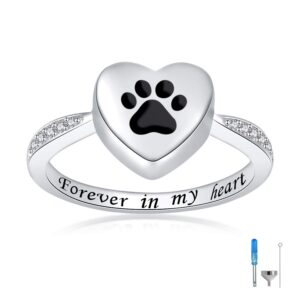 925 sterling silver love heart urn ring for pet dog cat's ashes keepsake memorial tiny jewelry forever in my heart paw print cremation finger rings(black 8)