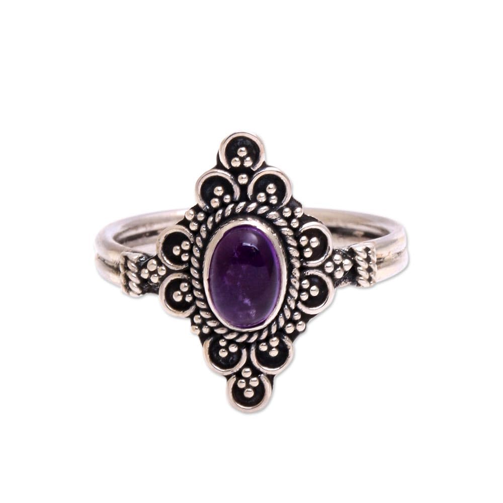 NOVICA Artisan Handcrafted Amethyst Cocktail Ring from Bali Sterling Silver Indonesia Birthstone Geometric [crownbezel 0.2 in H x 0.7 in W x 0.5 in D Band Width 3 mm W] ' Daydream Temple'