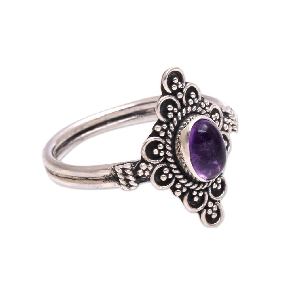 NOVICA Artisan Handcrafted Amethyst Cocktail Ring from Bali Sterling Silver Indonesia Birthstone Geometric [crownbezel 0.2 in H x 0.7 in W x 0.5 in D Band Width 3 mm W] ' Daydream Temple'