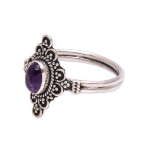 NOVICA Artisan Handcrafted Amethyst Cocktail Ring from Bali Sterling Silver Indonesia Birthstone Geometric [crownbezel 0.2 in H x 0.7 in W x 0.5 in D Band Width 3 mm W] ' Daydream Temple'