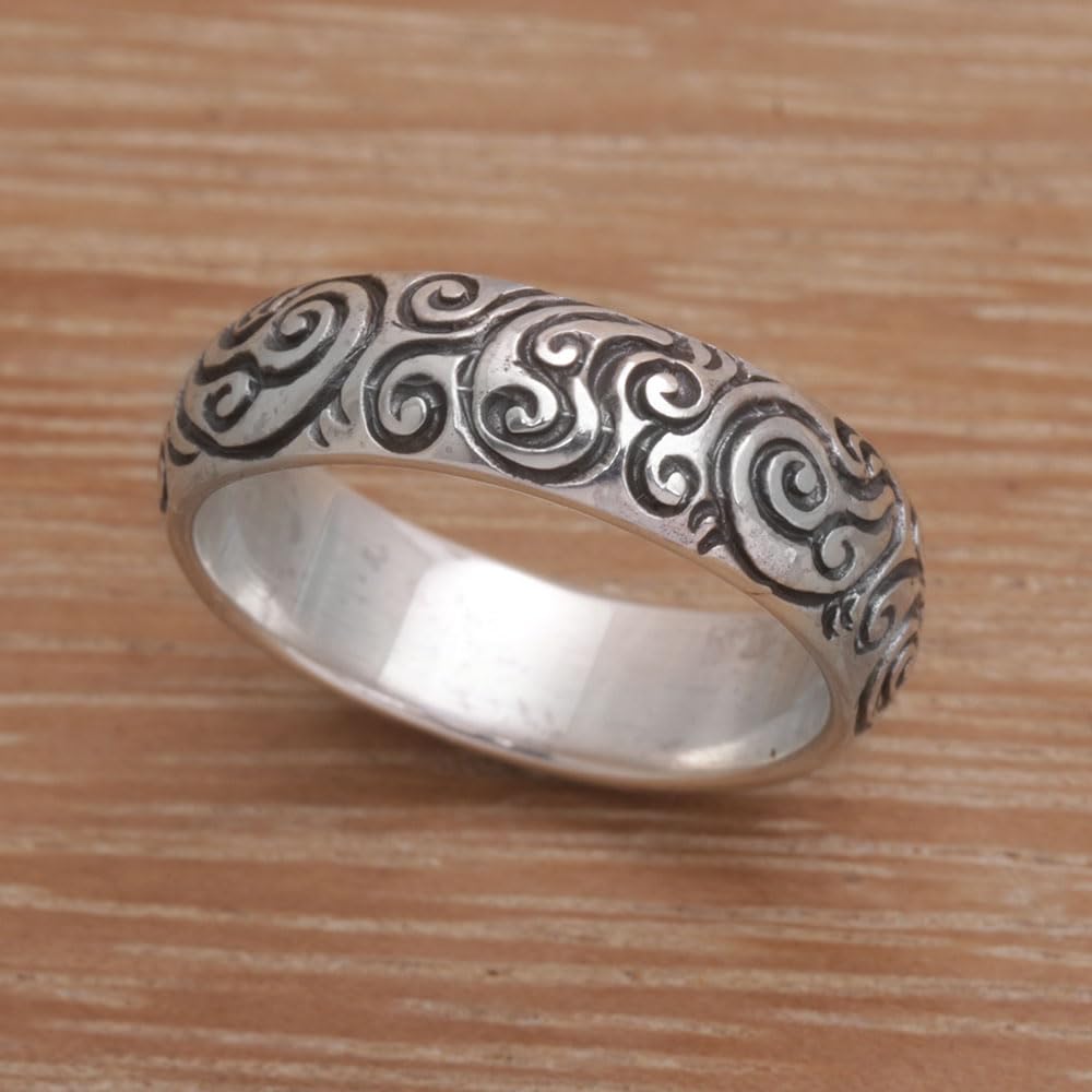 NOVICA Artisan Handmade Sterling Silver Band Ring 925 Swirling Fern from Indonesia No Stone [band Width 5 mm W] ' Destiny Engraved'