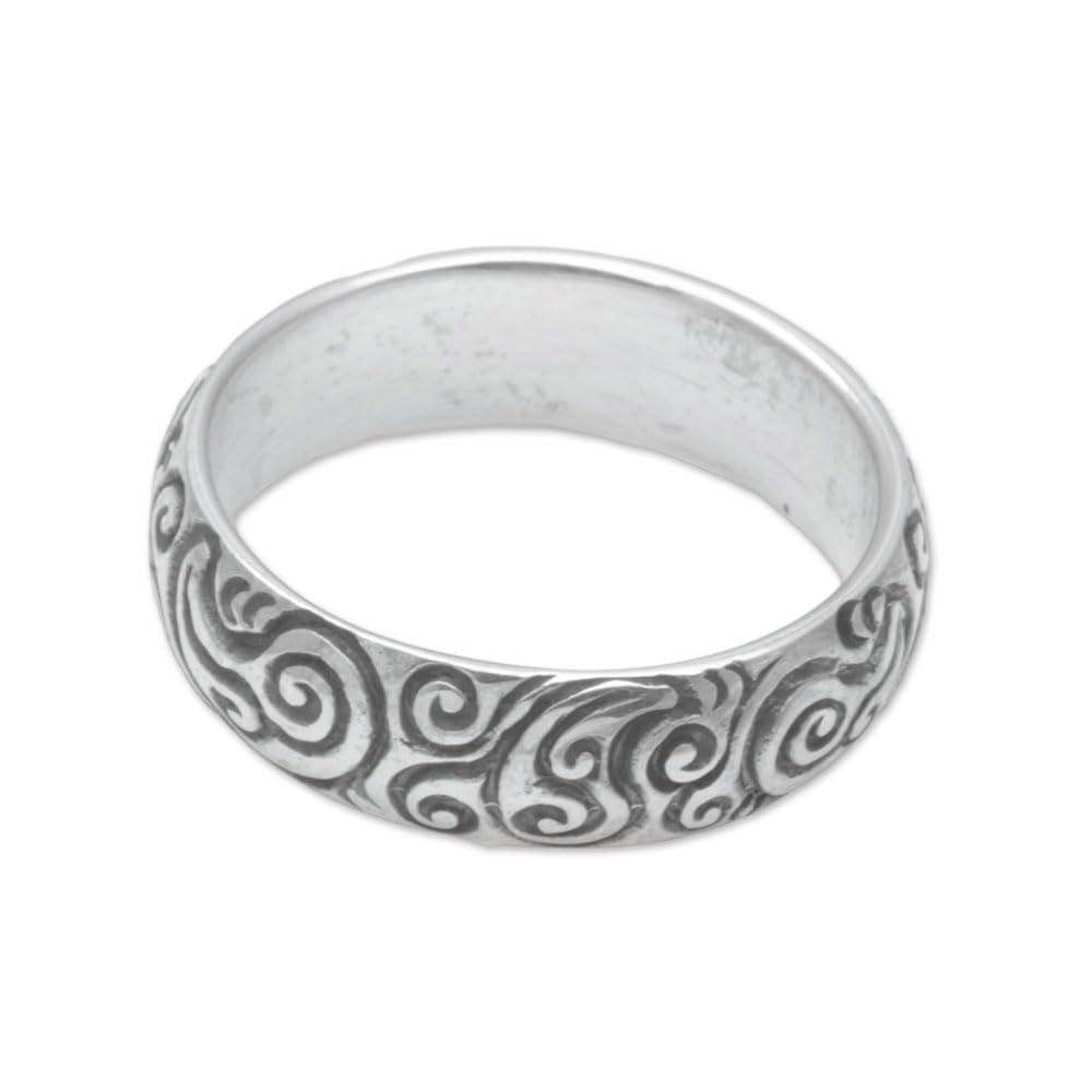 NOVICA Artisan Handmade Sterling Silver Band Ring 925 Swirling Fern from Indonesia No Stone [band Width 5 mm W] ' Destiny Engraved'