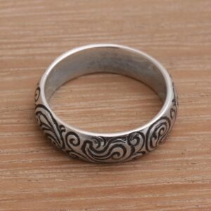 NOVICA Artisan Handmade Sterling Silver Band Ring 925 Swirling Fern from Indonesia No Stone [band Width 5 mm W] ' Destiny Engraved'