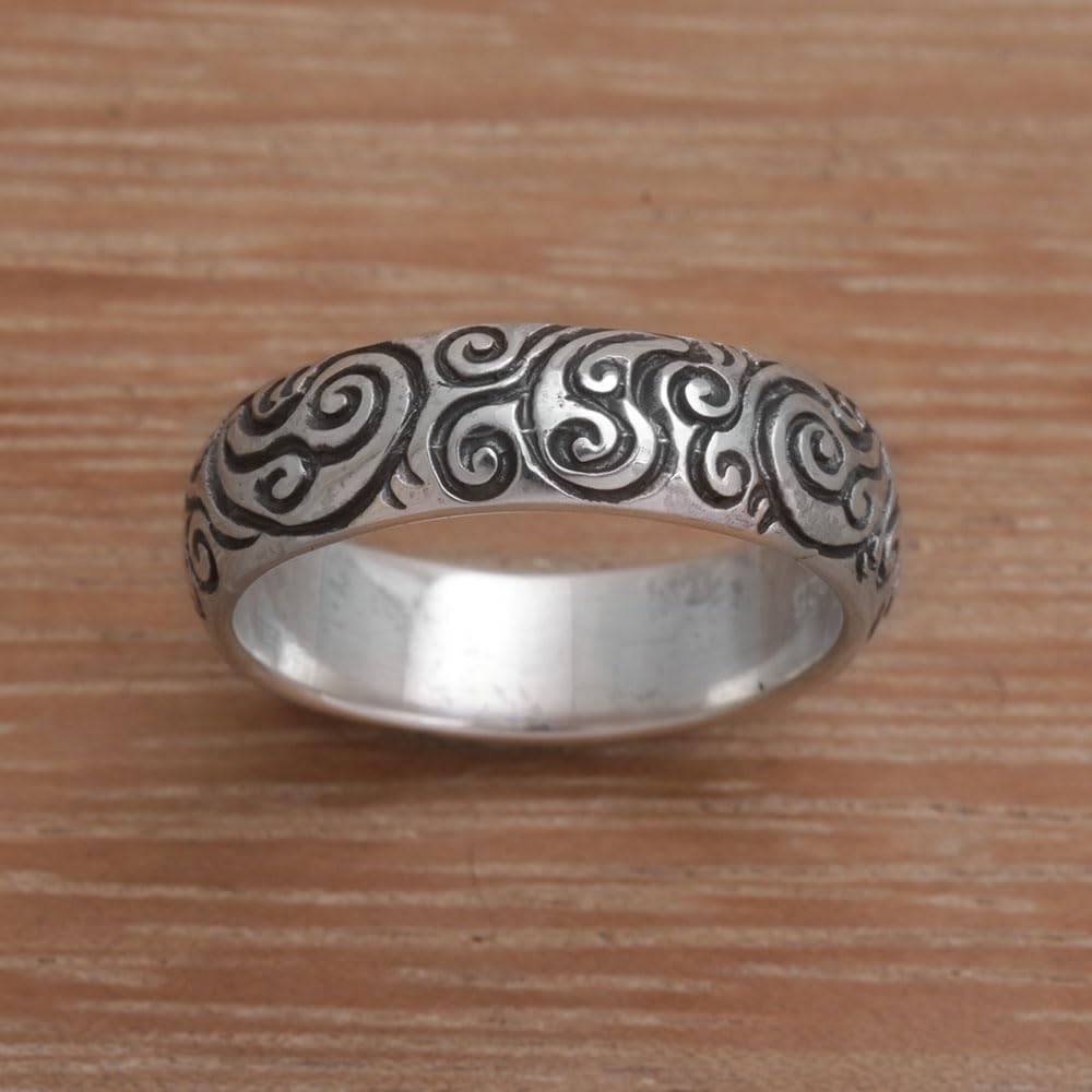 NOVICA Artisan Handmade Sterling Silver Band Ring 925 Swirling Fern from Indonesia No Stone [band Width 5 mm W] ' Destiny Engraved'