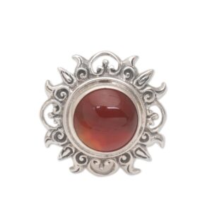 NOVICA Artisan Handmade Carnelian Cocktail Ring Sun Themed Sterling Silver Red Indonesia Birthstone [crownbezel 0.5 in L x 0.5 in W x 0.4 in H Band Width 4 mm W] ' Light of The Universe'