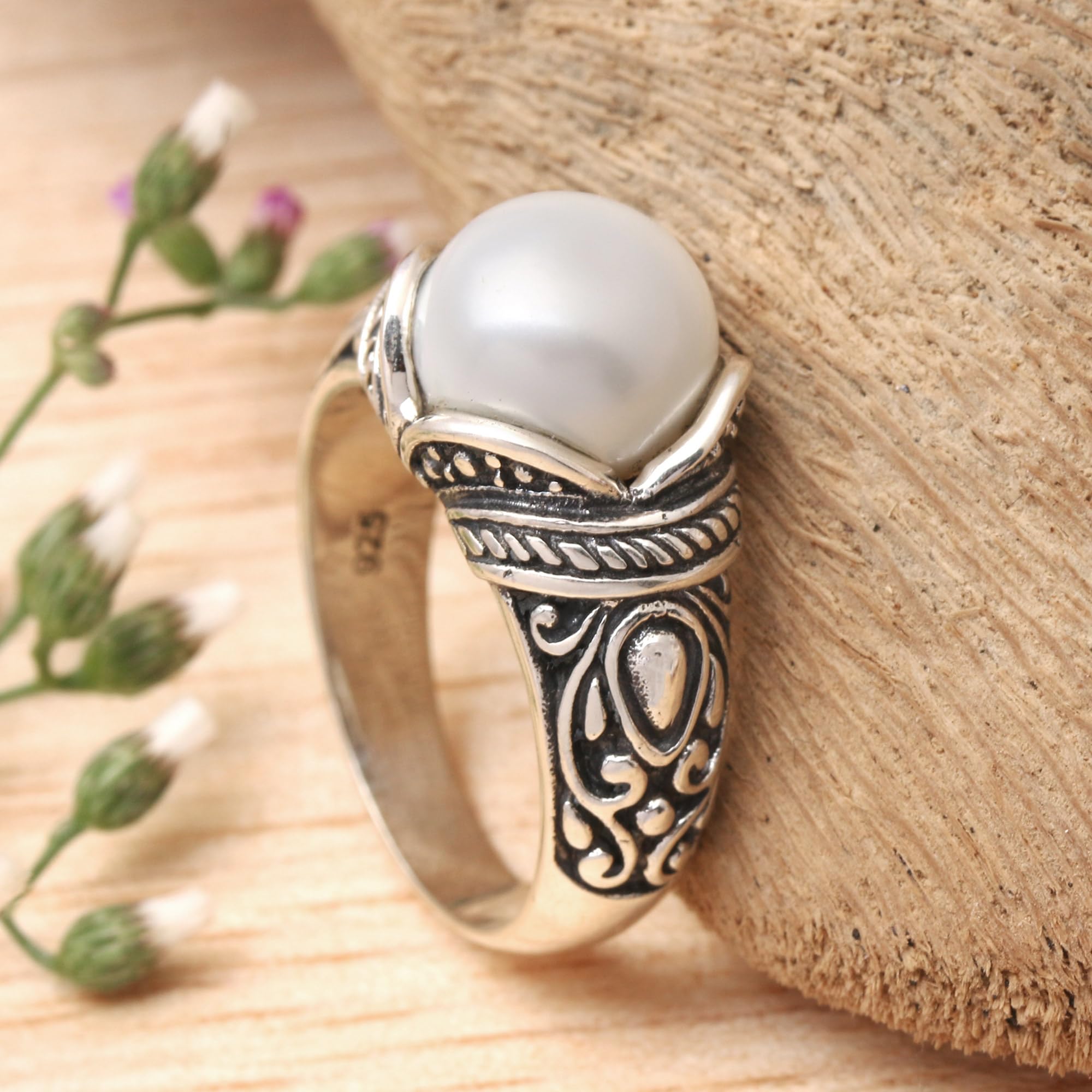 NOVICA Artisan Handmade Cultured Pearl Cocktail Ring Balinese Sterling Silver Women's White Single Stone Indonesia Birthstone [ring Front 0.4 in L x 0.4 in W x 0.4 in H Band Width 3 mm W] ' Luminous