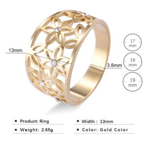 LIKGREAT Flower of Life Rings Shiny Rhinestone Flower Ring Wide Eternity Band Ring for Women (gold, 7)