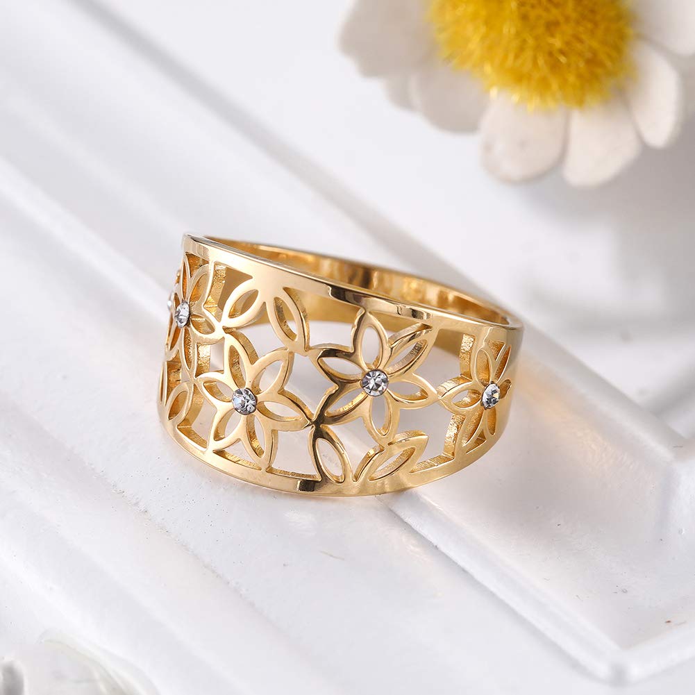 LIKGREAT Flower of Life Rings Shiny Rhinestone Flower Ring Wide Eternity Band Ring for Women (gold, 7)