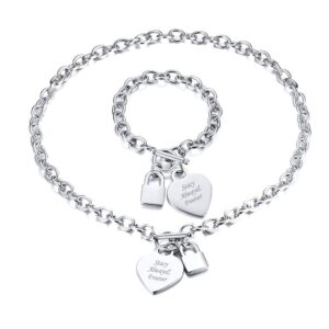 vnox personalized initial name stainless steel trendy cable chain bracelet neckalce set with padlock heart charm and toggle clasp closure