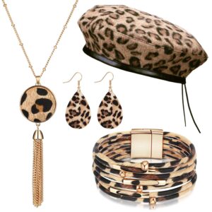 hicarer 4 pieces women leopard jewelry set leopard earring french beret hat leopard leather bracelet earring necklace (brown)