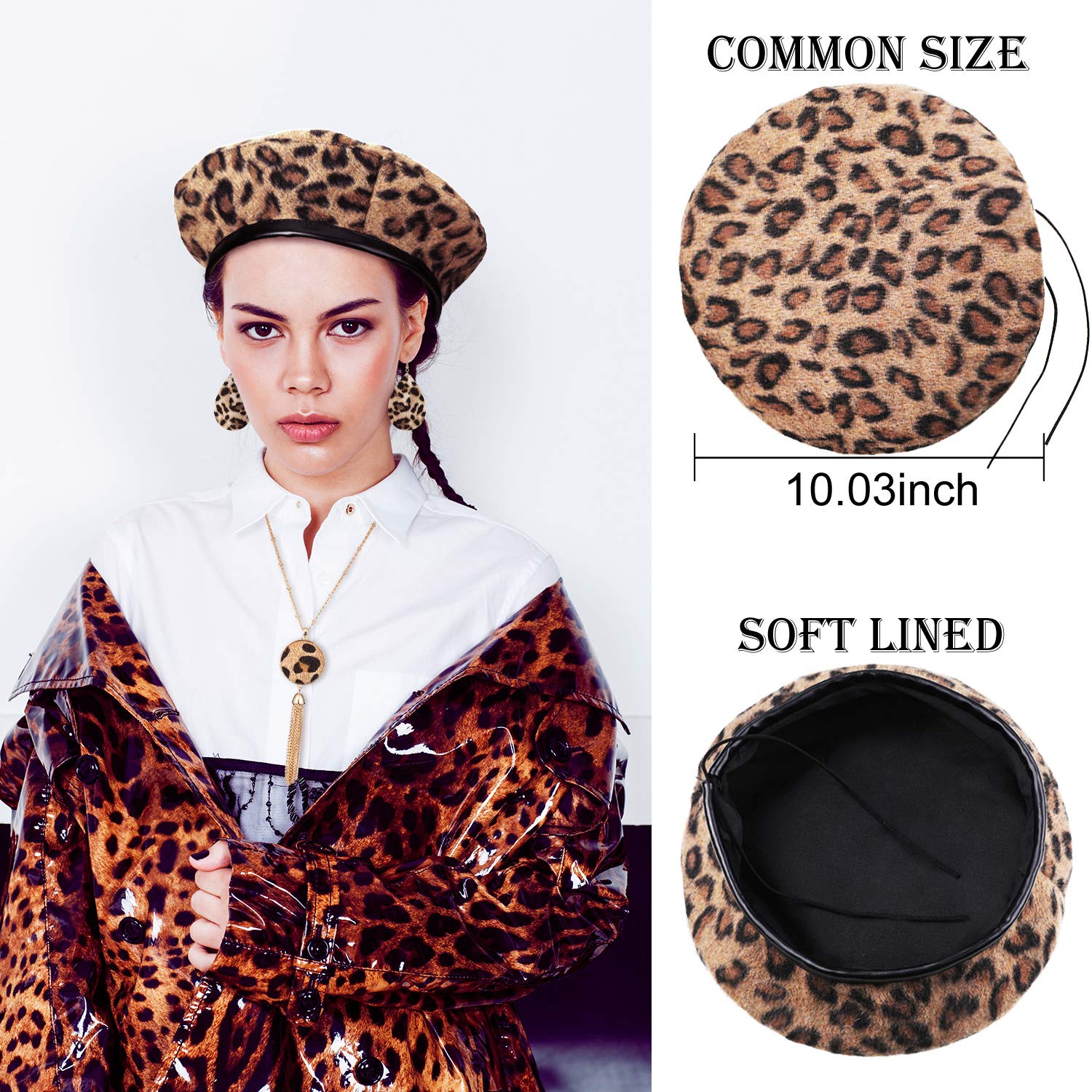 Hicarer 4 Pieces Women Leopard Jewelry Set Leopard Earring French Beret Hat Leopard Leather Bracelet Earring Necklace (Brown)