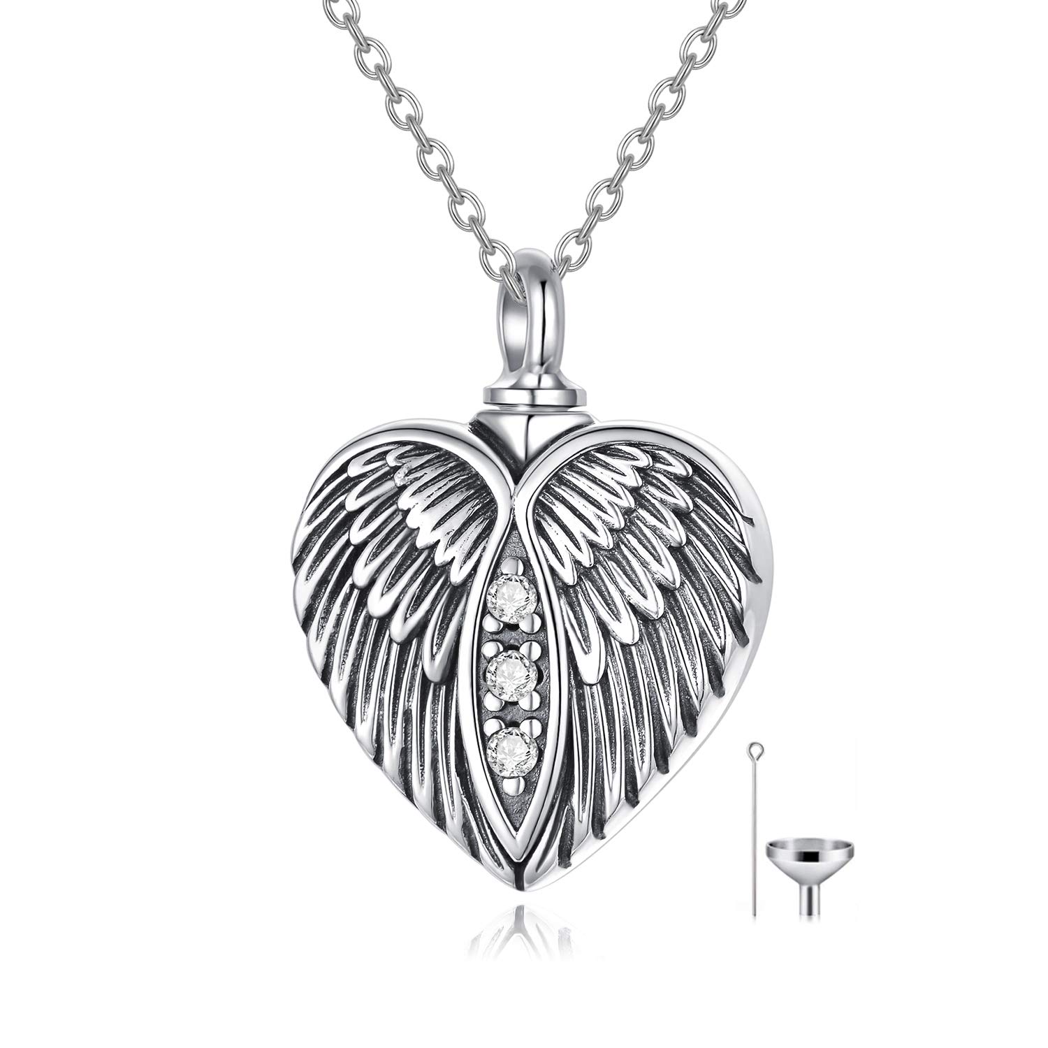 LONAGO Angel Wing Heart Urn Necklace for Ashes Silver Heart Wing Urn Necklace Keepsake Cremation Jewelry for Women