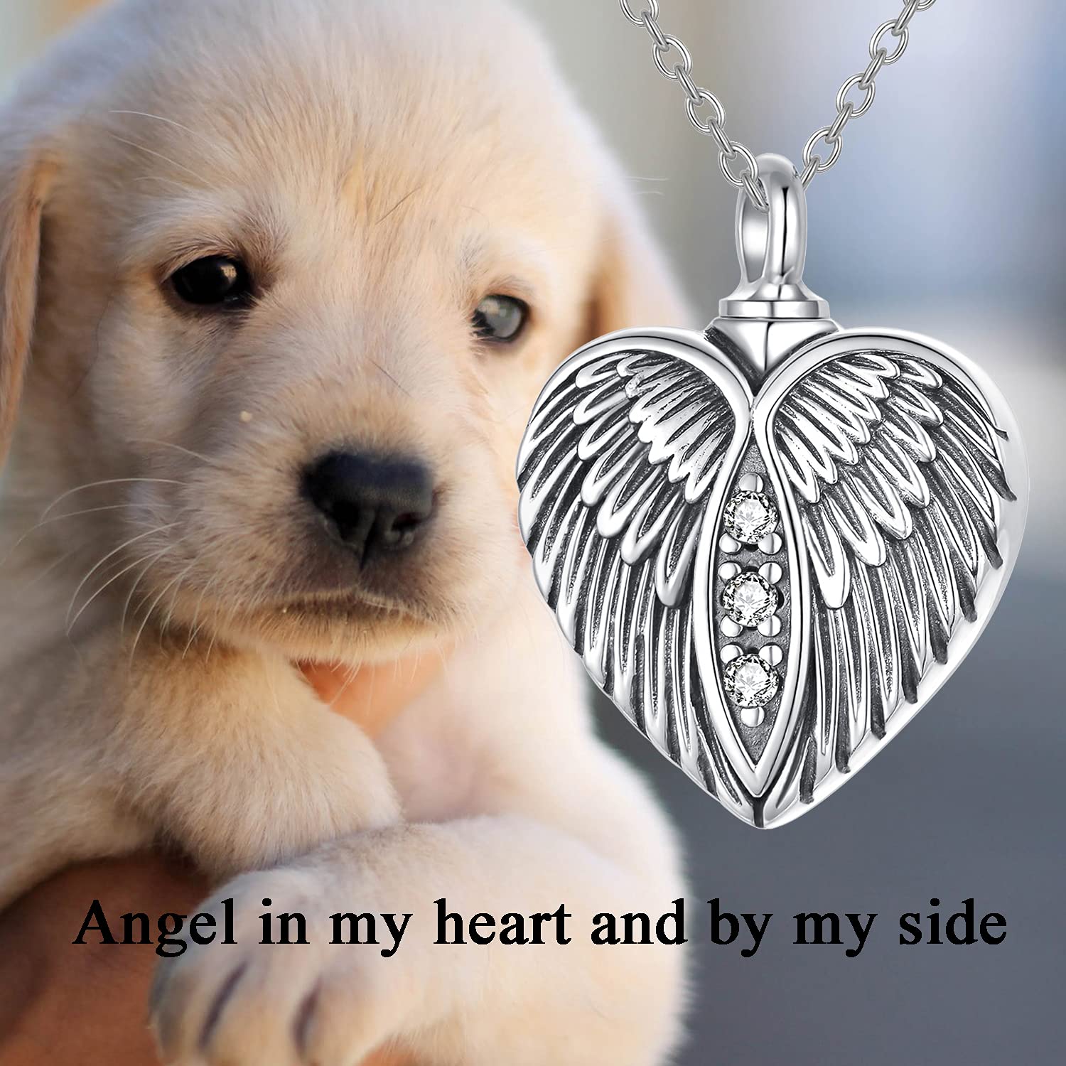 LONAGO Angel Wing Heart Urn Necklace for Ashes Silver Heart Wing Urn Necklace Keepsake Cremation Jewelry for Women