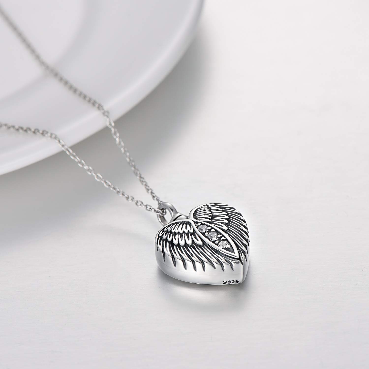 LONAGO Angel Wing Heart Urn Necklace for Ashes Silver Heart Wing Urn Necklace Keepsake Cremation Jewelry for Women