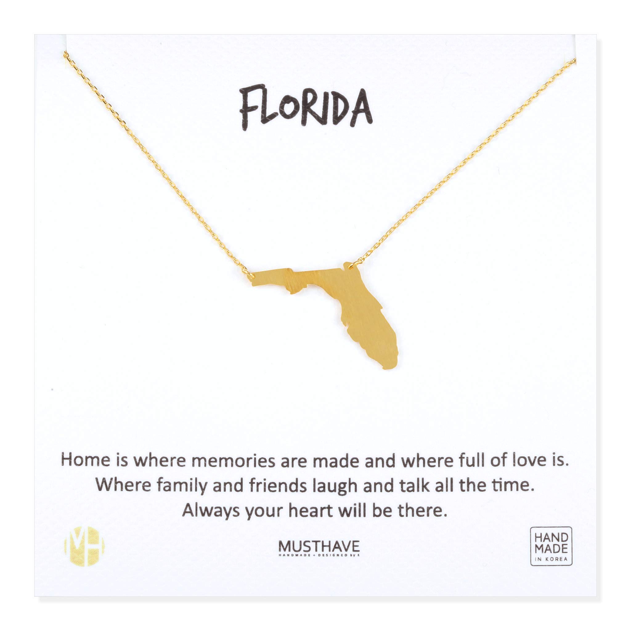 MUSTHAVE Florida 18K Gold Plated Necklace with Message Card, Yellow Gold Color, Anchor Chain, Best Gift Necklace, Size 16 inch + 2 inch Extender, Pendant, Gift Card