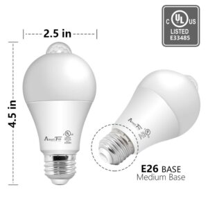 AmeriTop Motion Sensor Light Bulb- 2 Pack, 10W(60W Equivalent) 806lm Motion Activated Dusk to Dawn Security LED Bulb; UL Listed, A19, E26, Auto On/Off Indoor Outdoor Lighting (2700K Soft White)