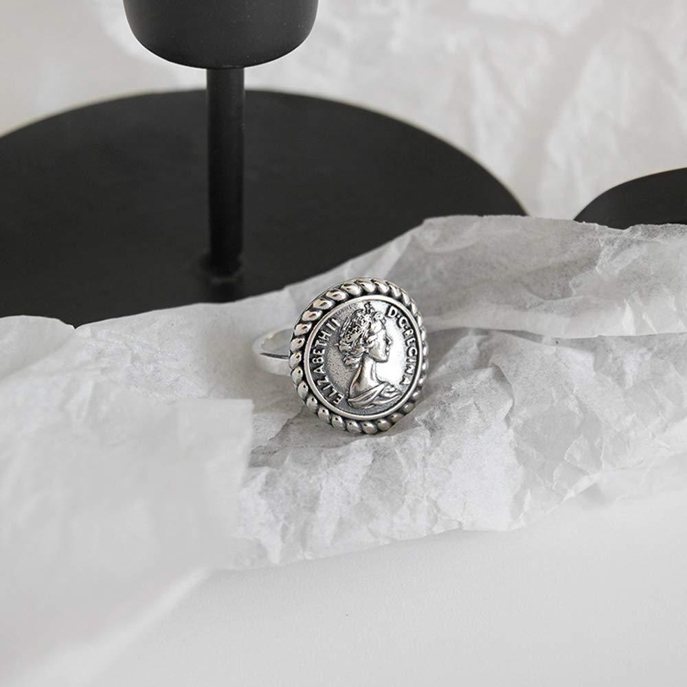 Antique Disc Carved Coin Open Statement Rings 925 Sterling Silver for Women Men Adjustable Fashion Vintage Goddess Worship Celebrity Medal Reversible Ring Stacking Promise Finger Band