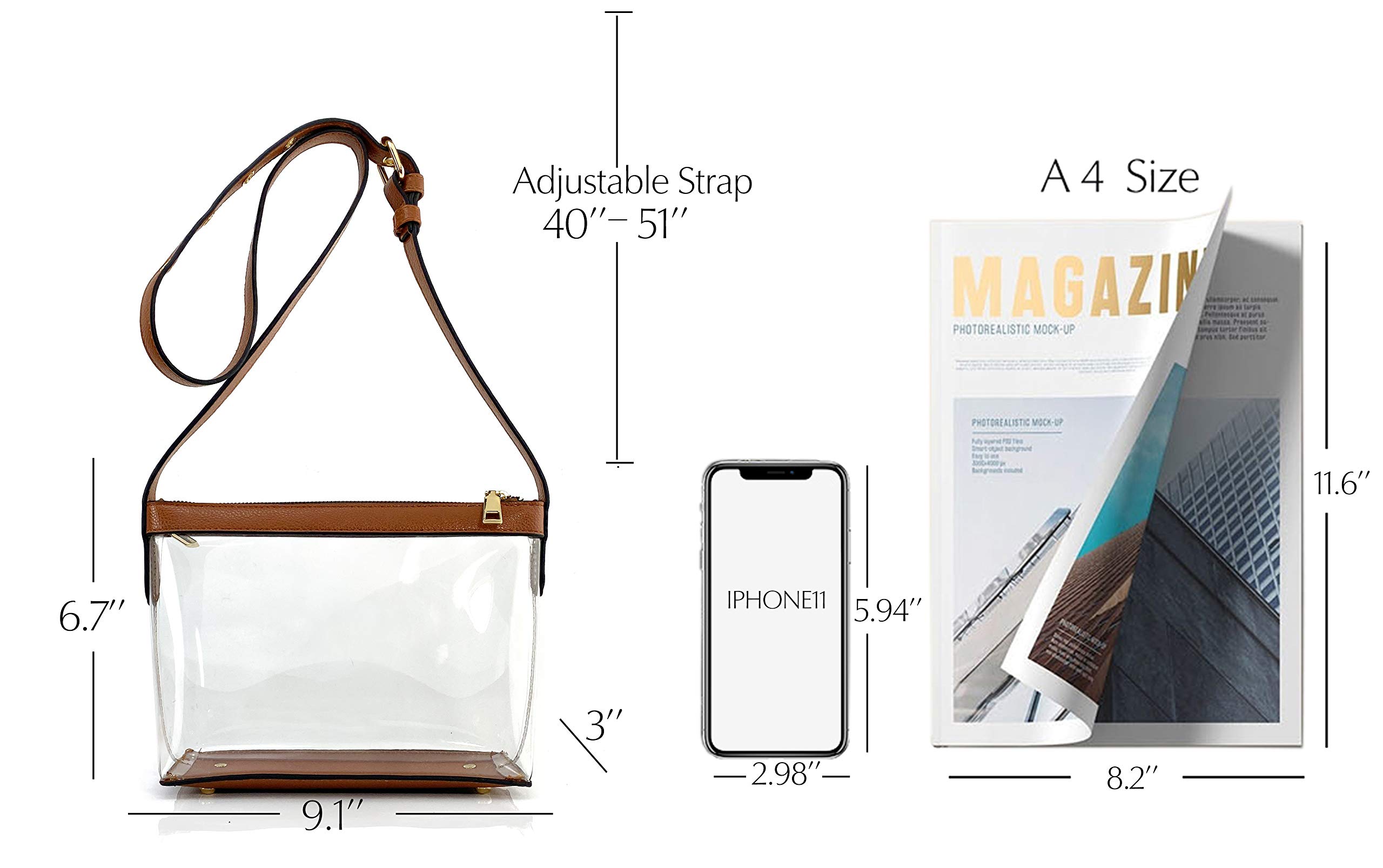 Clear Zipper Cross Body Bag with Vegan Leather Trim (Brown) Small