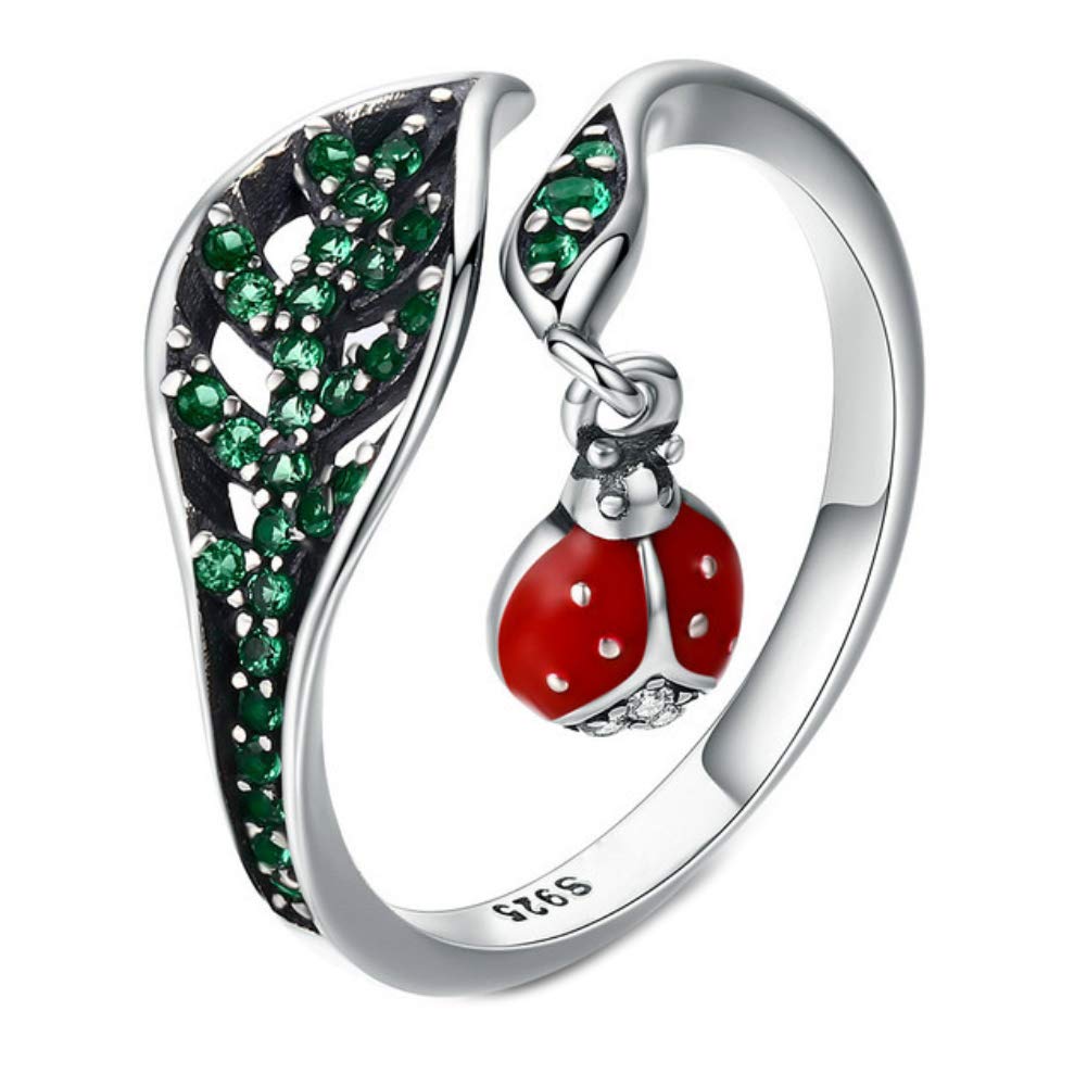 Helen de Lete Ladybug on Tree Leaf S925 Sterling Silver Adjustable Ring